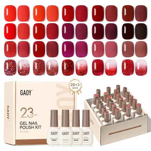 GAOY 23 Pcs Gel Nail Polish Kit, Red Glitter Colors UV Gel Nail Polish Set with Glossy & Matte Top Coat and Base Coat for Nail Art Home DIY Gel Nail Kit