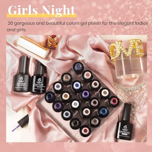 Beetles 23Pcs Gel Nail Polish Kit with Glossy Matte Top Coat and Base Coat Girls Night Collection White Nude Gray Glitters Gel Nail Polish Set U V Soak Off Holiday Manicure for Women Girls