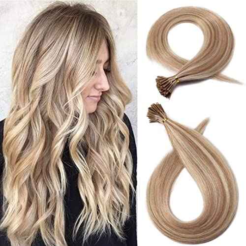 I Tip Remy Human Hair Extensions Cold Fusion Hair Piece Pre Bonded Keratin Stick In Hair Extensions Long Straight #18/613 Golden Brown Highlighted Bleach Blonde Hairpieces 100 Strands 100g 18"