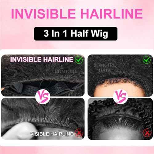 BGM GIRL Half Wig Human Hair Kinky Curly 3 in 1 Wigs Beginner Friendly Flip Over Drawstring Glueless Wig Kinky Curly Ready to Go Seamless Clip in Wigs Natural Black Color 18 Inch
