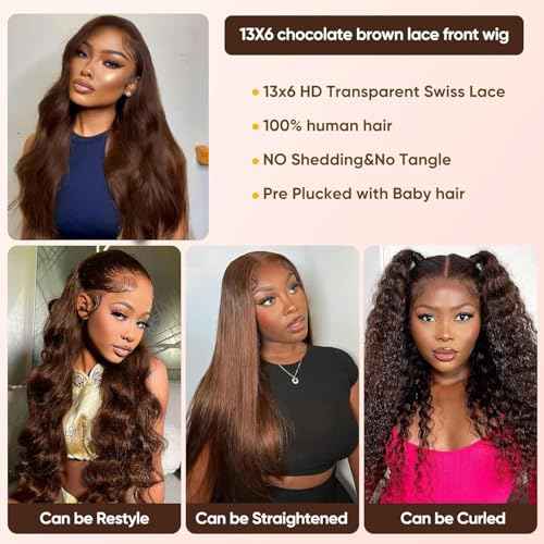 Chocolate Brown Lace Front Wigs human hair Pre Plucked with Baby Hair, 13x6 HD Body Wave Brown Lace Frontal Wigs Human Hair, 180 Density Colored Glueless Brown Wig Human Hair for Women 26inch