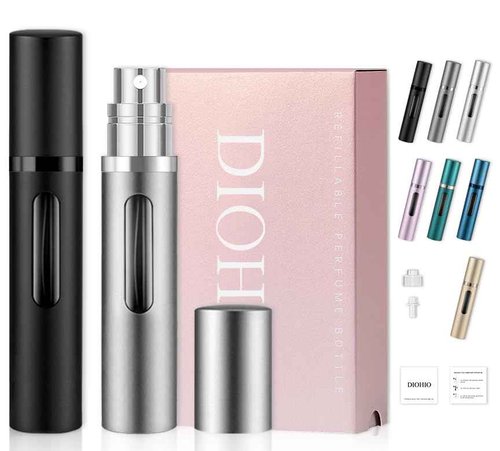 DIOHIO 8ml Perfume Atomizer Travel Refillable,Mini Cologne Dispenser, Bottom-Filling Fragrances Perfumes Bottle,Portable Sprayer Pocket Size for Women Men Cruise Car Trip Gift 2pcs (Black-Grey)