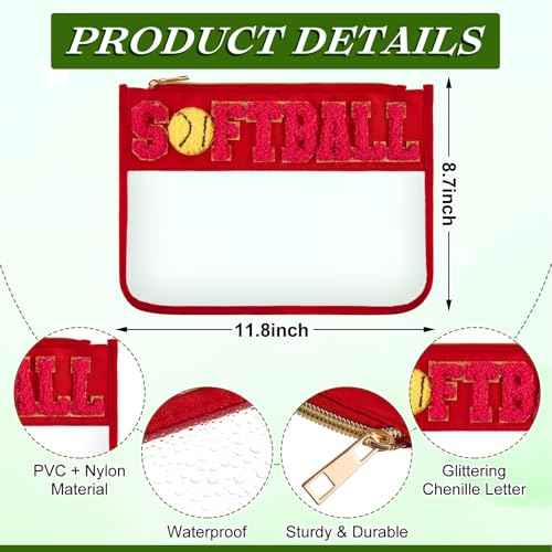 Aliceset 6 Pcs Softball Chenille Letter Preppy Patch Makeup Snack Bags, Gift for Women Waterproof PVC Cosmetic Organizer Storage, Flat Clear Portable Toiletry Zipper Pouch(Red, Yellow)