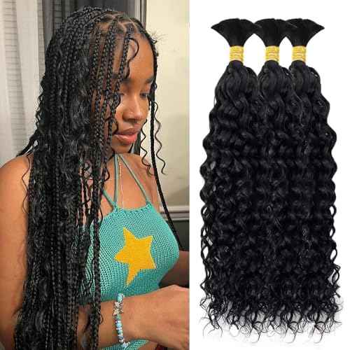 Human Braiding Hair 3 Bundles/Pack 150g Curly Water Wave Bulk Hair for Braiding No Weft 10A Brazilian Virgin Human Braiding Hair for Boho Braids Wet and Wavy Braids (1B#-Water Wave, 24 Inch/150g)