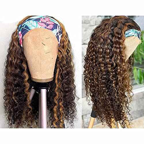 Ombre Honey Blonde Wig 4/27 Highlight Headband Human Hair Deep Wave Curly Colored 26 Inches