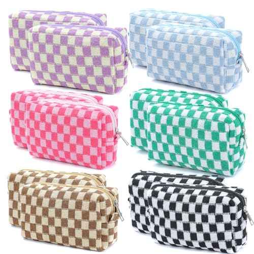 12 PCS Checkered Makeup Bag Cosmetic Bag for Women Checkered Pouch Plaid Makeup Bag for Women Large Capacity Pencil Case Makeup Brushes Storage Bag Travel Toiletry Bag Organizer