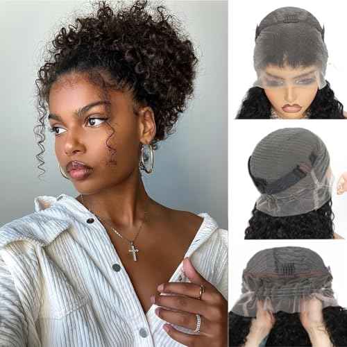 360 Full Lace Human Hair Wig Hidden Strap Deep Wave HD Lace Front GluelessWigs with Drawstring Natural Hairline Curly Human Hair Frontal Wigs for Black Women Natural Color 18 Inch