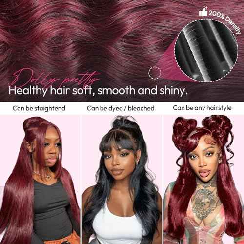 30 Inch 13x6 99j Burgundy Wig Human Hair 200 Density Hd Body Wave Lace Front Glueless Red Wigs Human Hair