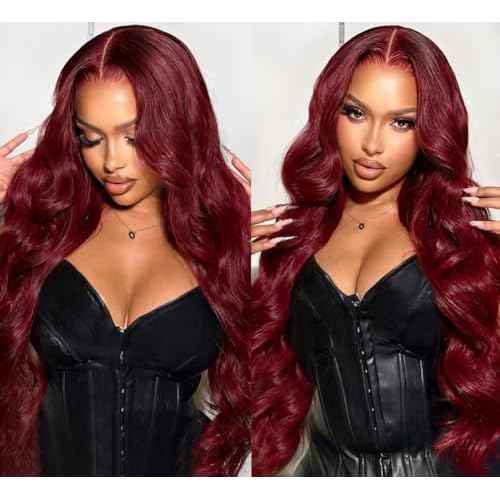 Allove 99j Burgundy Lace Front Wigs Human Hair Pre Plucked 180% Density 24inch Body Wave Lace Front Wigs Human Hair with Baby Hair 13x4 Glueless HD Transparent Frontal Human Hair Wigs For Women