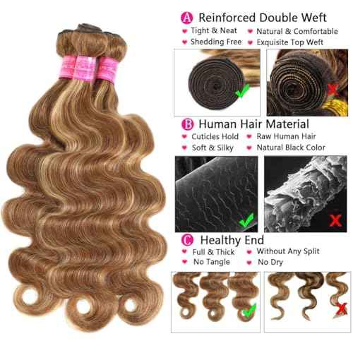 Ombre #4/27 Human Hair Bundles Body Wave 3 Bundles (20 22 24 inches) Honey Blonde Highlight Brown Colored 12A Brazilian Virgin Human Hair Body Wave Bundles 100% Unprocessed Double Weft