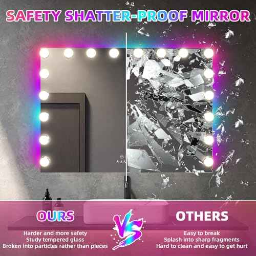VANITII Vanity Mirror with RGB Lights 32"x23" Hollywood Makeup Mirror with 18 Dimmable Bulbs Lighted Vanity Mirror with Smart Touch for Bedroom Dressing Room