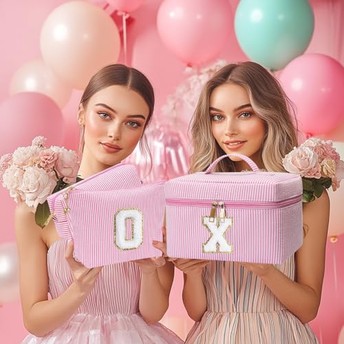 Personalized Monogram Makeup Bag, 3PCS Custom Monogrammed Toiletry Cosmetic Bag for 6-18 Teen Girls Women,Birthday Graduation Gifts Initial Pouch Makeup Bags for Women Girls, Make Up Bag (A, Pink)