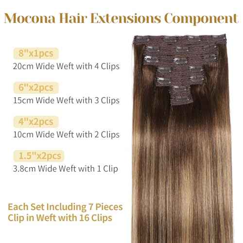 Clip in Hair Extensions Real Human Hair, 20 Inch 7pcs 70g/Pack - Ombre Chocolate Brown to Caramel Blonde, Soft Remy Human Hair Clip in Extensions Straight Capable for all Occasion (20 Inch)