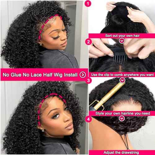 Half Wig Human Hair for Black Women Upgrade Headband Wig 200 Density Wear and Go Glueless Wigs Human Hair Half Wig Curly Human Hair with Drawstring Friendly for Beginner 24 Inch