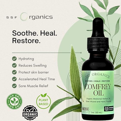 SSF Organics- Healing Comfrey Oil Concentrate. Natural Therapy for Joints, Muscle and Skin. | Medicinal Plant Based Relief and Recovery | (1 oz., Comfrey)
