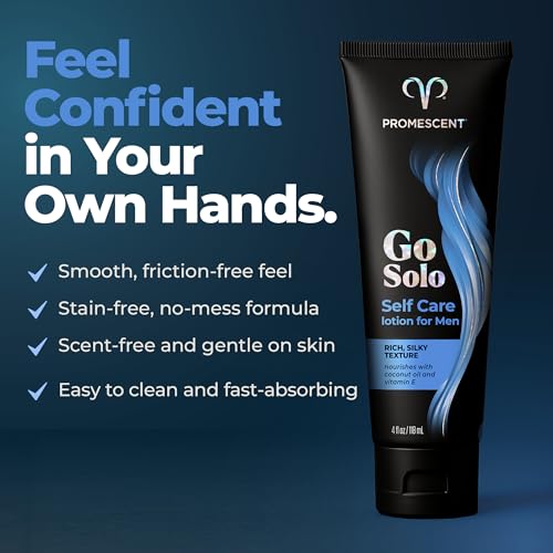 Promescent Go Solo Lotion for Men, Natural Unscented Moisturizing Ingredients with Coconut Oil and Sweet Almond Oil, Creamy Natural Texture, Fast-Absorbing, Made in The USA, 4 fl oz