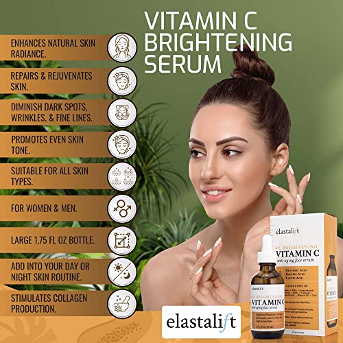 Elastalift Vitamin C Facial Serum For Age Spots, Wrinkles, & Expression Lines. Anti-Aging Face Serum W/Vitamin C & Hyaluronic Acid Brightens Skin To Promote Healthier Skin Complexion, 1.75 Fl Oz