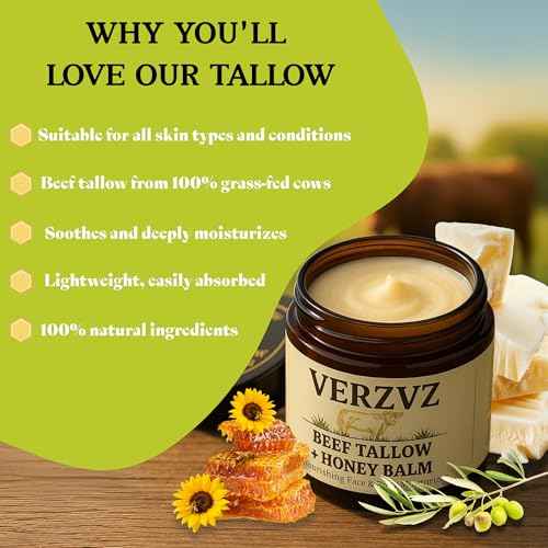 Beef Tallow for Skin and Face ? Tallow and Honey Balm Moisturizer, 100% Grass-Fed Beef Tallow with Raw Organic Honey, Beeswax, Olive Oil & Vitamin E ? Deep Hydration ? Proudly Made in USA ? 2oz