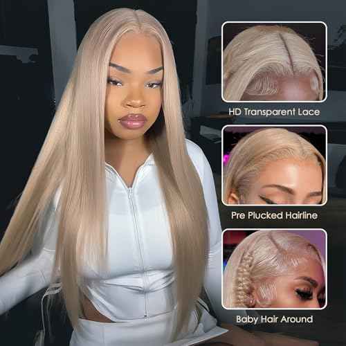 613 Straight Ash Blonde Wig Human Hair, 13x6 HD Lace Front Wigs Human Hair, Glueless & Pre Plucked Human Hair Wig with Baby Hair, 180% Density Ash Blonde Wig (26 inch)