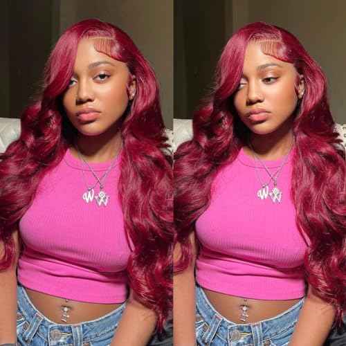 99J Burgundy Lace Front Wigs Human Hair 24 Inch 13x4 HD Wine Red Colored Body Wave Wig for Women 200% Density Transparent Glueless Wine Red Wigs Human Hair Pre Plucked with Baby Hair