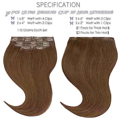 Lacer Hair Seamless Clip in Hair Extensions 9A Grade Virgin Human Hair Ultra Thin PU Weft Natural Hair Extensions Clip in Extensions For Women 7 Pcs 110g #4 Chocolate Brown 22 Inch