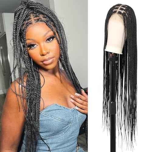 360¡Æ HD Full Lace Knotless Braided Wigs for Women Box Braid Wig with Baby Hair Braided Lace Front Wigs Premium Synthetic Braid Wig Long Black 36"