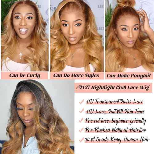 Highlight 13x6 HD Transparent Lace Front Wigs Human Hair Ombre P4/27 Colored Honey Blonde Frontal Wigs 150% Density Balayage Body Wave Human Hair Lace Frontal wig Pre Plucked with Baby Hair for Women