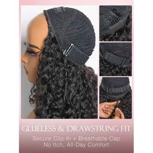 ASHINE Half Wig Human Hair Burmese Curly 180% Density Wear and Go Glueless Wig for Women Flip Over Natural Black 18 Inch with Clips and Drawstring