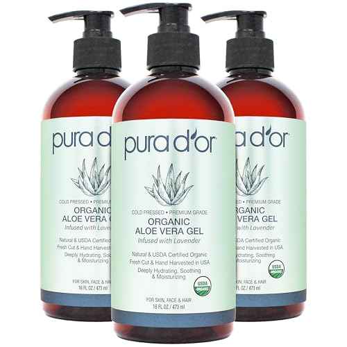 PURA D'OR ORGANIC Aloe Vera Gel Lavender (16 Oz X 3) All Natural - ZERO Artificial Preservatives - Deeply Hydrating & Moisturizing - Sunburn, Bug Bites, Rashes, Small Cuts, Eczema Relief - Skin & Hair