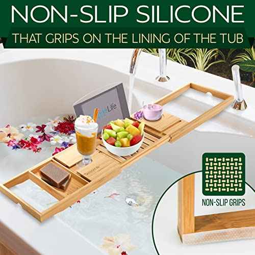 SereneLife Luxury Bamboo Bathtub Caddy Tray - Adjustable Natural Wood Bath Tub Organizer with Wine Holder, Cup Placement, Soap Dish, Book Space & Phone Slot for Spa, Bathroom & Shower - SLBCAD20