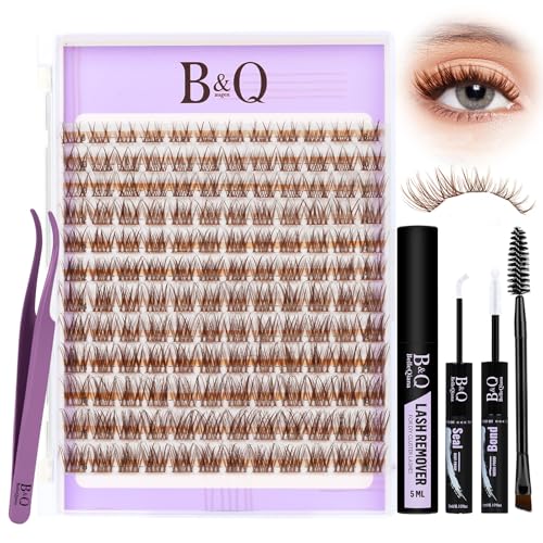 B&Q Brown Lash Clusters Kit Natural Mochalash 01, Wispy Eyelash Clusters Kit C-Curl Cluster Eyelash Extensions 8-16mm Fake Eyelashes Lash Extension Kit for Everyday Beginner Friendly(Mochalash 01 Set)
