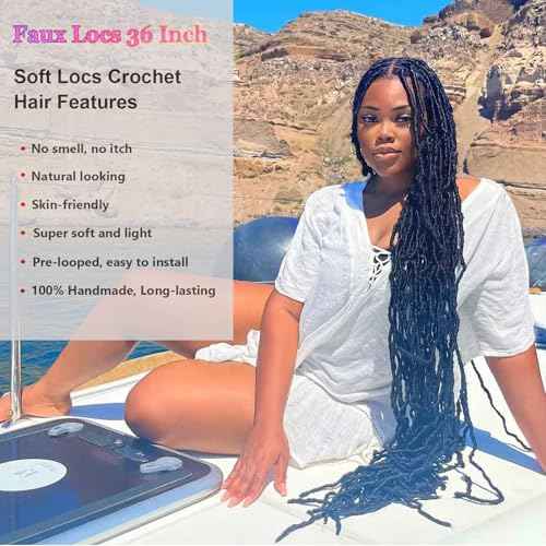7 Packs 36 Inch Soft Locs Crochet Hair Pre Looped Curly Wavy Distressed Faux Locs for Butterfly Locs Crochet Braids for Black Women (1B, 36 Inch(pack of 7))