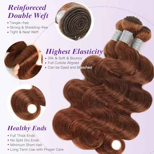 Light Reddish Brown Bundles Human Hair Body Wave 12 14 16 Inch, Color 30 Copper Brown Thick Raw Virgin 3 Bundles 12A 100% Brazilian Human Hair Wavy Loose Wave Quick Sew In Weave #30