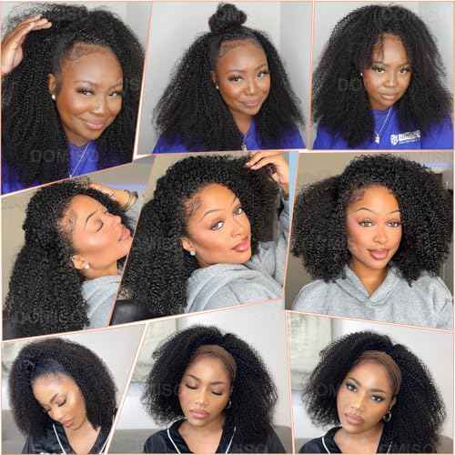 Domiso Afro Kinky Curly Half Wig Human Hair Seamless Kinky Curly 3 In 1 Half Wig Flip Over Beginner Friendly Glueless Wear & Go Drawstring Heandband Clip in Wig No Sew In Black Color 20 Inch