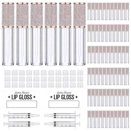 AMORIX 72 Pack 5ml Crystal Rhinestone Lip Gloss Tubes with Wand 5ml Empty Lip Gloss Containers Lipgloss Bottles with Stoppers 4pcs Syringes + Labels for DIY Lip Gloss Balm