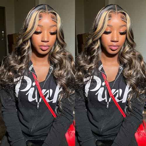 13x4 FB/27 Balayage Highlight Lace Front Wig Human Hair Pre Plucked 180 density Body Wave Wigs Human Hair for Women 18inch Ombre HD Lace Front Wig