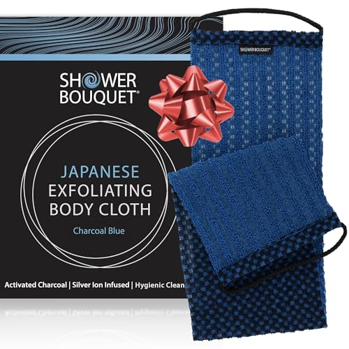 Japanese Exfoliating Washcloth for Back & Body - Charcoal & Silver Ion Exfoliating Towel - Two-Sided Gentle Exfoliation