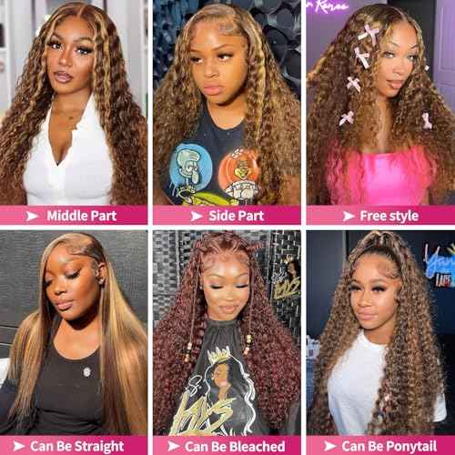 Honey Blonde Ombre Highlight 13x6 Full Lace Frontal Wigs Human Hair 200 Density Water Wave 13x6 HD Transparent Lace Front Wigs Pre Plucked #4/27 Colored Human Hair Wig for Women 24 Inch