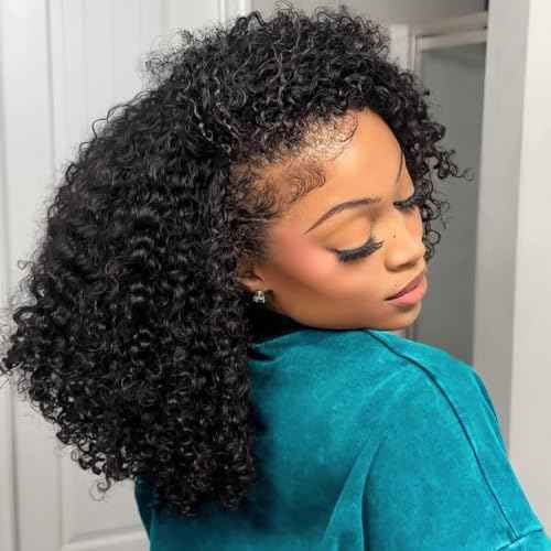 Alididi Kinky Curly Half Wig Human Hair 200 Density 3 In 1 Half Wigs Drawstring Seamless Flip Over Curly Wig Wear and Go Glueless Wigs Human Hair Beginner Friendly 16 Inch