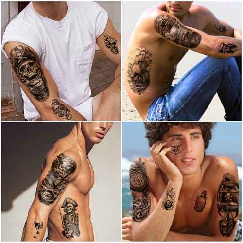 77 Sheets Pirate Temporary Tattoos Adult Men Kids Captain Pirate Ships Flag Sailor Anchor Sailboat Skull Fake Tattoos, Pirates Stickers for Costume Dress Up Makeup Party Accessories