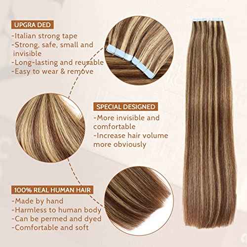 Tape in Hair Extensions Human Hair 4/27 Highlight Brown Straight Tape in Human Hair Extensions Adhesive Glue on Premium Quality Silky Invisible Seamless Skin Weft 16 inches 20pcs 50g/pack