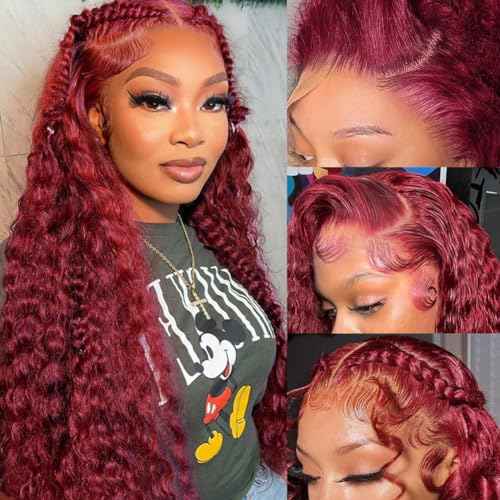 99j Burgundy Lace Front Wigs Human Hair 13x4 Frontal Transparent Lace Deep Wave Wig Human Hair Red Frontal Wigs Human Hair (22 Inch)