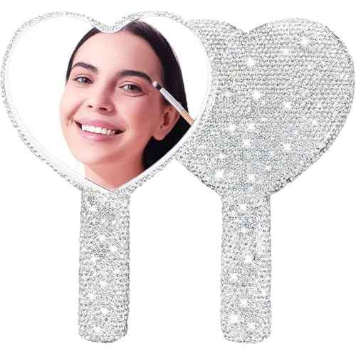 Large Rhinestone Handheld Mirror Heart Bling Glitter Cosmetic Dazzling Portable Hand Mirrors with Handle for Women Wedding Silver White