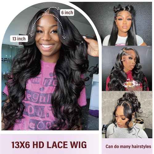 13x6 Body Wave Human Hair Lace Front Wigs 24inch 180% Density HD Lace Frontal Wigs Human Hair Pre Plucked Body Wave Lace Front Wigs for Women with Baby Hair Black Color