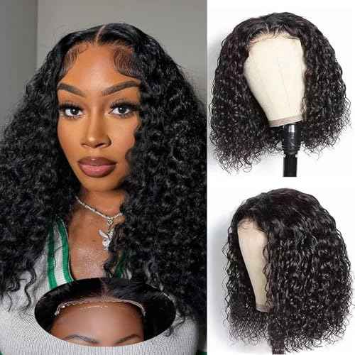 Bob Wig Human Hair Glueless Wigs Human Hair Pre Plucked Pre Cut 5x5 Short Curly Human Hair Wig For Black Women 180 Density Deep Wave Closure Wigs Human Hair 14 Inches Natural Black
