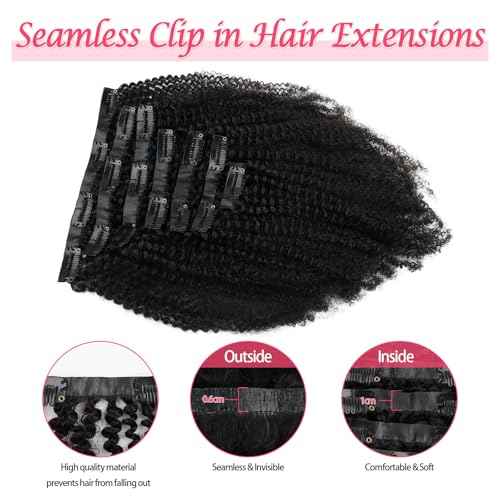 Sassina Curly Clip in Remy Human Hair Extensions PU Seamless Virgin Brazilian Afro Real Human Hair Extensions Clip in Natural Black 20 Inch Double Weft Clip on Hair Extensions 7PCS 120G