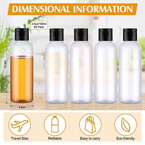 50 Piece 3.4 oz Travel Bottles with Flip Cap Plastic Empty Bottles Refillable Flip Cover Dispensing Squeeze containers with 2 Funnels Portable Refillable Containers for Travel Liquid(Clear, Black)