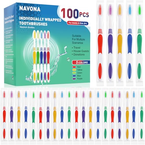 Navona 100 PCS Premium Individually Wrapped Bulk Toothbrush Pack, Disposable Toothbrushes, Kids Toothbrush, Medium Soft Bristle Toothbrushes, Ergonomics Handle, Perfect for Travel Hotel Donation