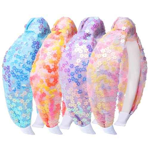 Fishown Knot Headband for Girls, 4 Pack Flower Knotted Hairbands for Kids Girls,Cute Sequined Headbands for Teens Women
