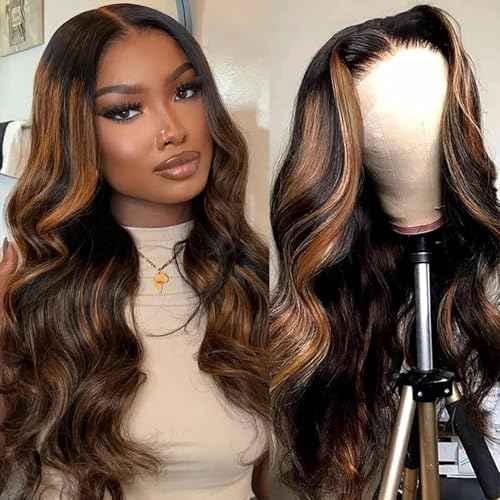 Body Wave Lace Front Wigs Human Hair 1B/30 Highlight Ombre Lace Front Wig Human Hair 13x4 Transparent Lace Frontal Black with Brown Highlight Wig for Women 200 Density Glueless Wigs 24 Inch